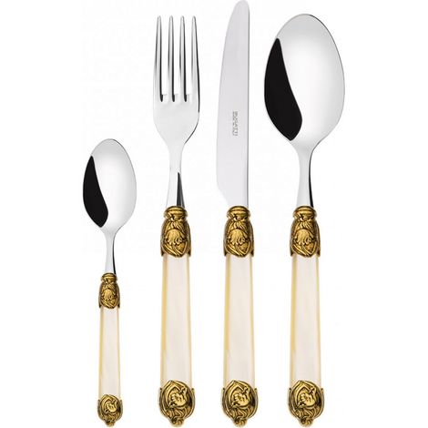 Set posate 24 pezzi in scatola Compact Tulipano ghiera dorata Avorio Madreperla Bugatti