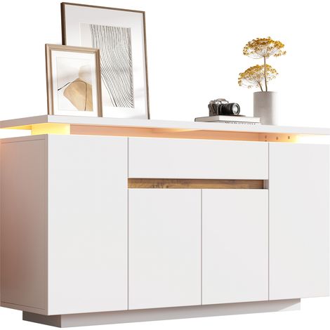 Sideboard mit 4 Türen, 1 Schublade und 2 verstellbaren Böden, LED, für Wohnzimmer oder Küche, Weiß, 140 x 40 x 80 cm (1/5)