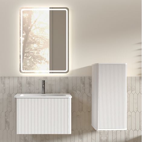 Meuble vasque suspendu avec miroir LED et meuble latéral, blanc DESVIAE (1/5)