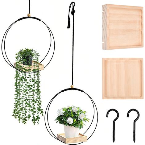 2 Pièces Suspension Plante Intérieure, Pot Suspendu Plante Interieur avec Base en Bois, Boho Moderne Suspension Plante Intérieure pour Pot de Fleurs et Plantes avec Crochet de Suspension (1/5)