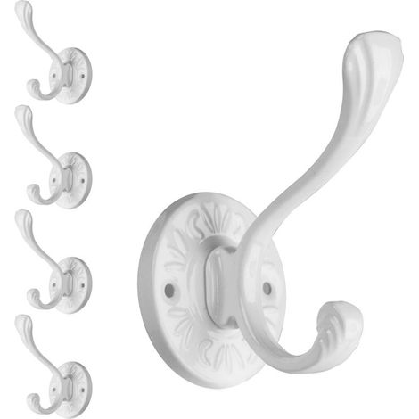 Juego de 5 percheros blancos de estilo rústico con acabado negro mate y tornillos, ideales para baños o recibidores.