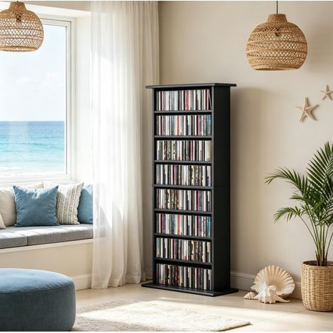 Meuble de rangement CD/DVD 8 compartiments, 6 étagères réglables, noir HAVRYA (1/5)