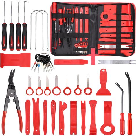 Kit d'outils de démontage de garnitures, 40 outils de démontage d'autoradio, outils de démontage de garnitures pour accessoires de panneau, autoradio, tableau de bord (rouge) (1/5)