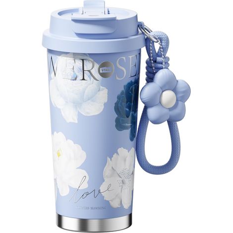530-ml-Keramik-Kaffeebecher, Edelstahl-Isolierbecher, doppelwandiger Kaffeebecher mit Deckel, Blau (1/2)