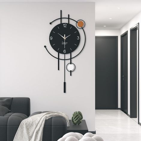 Minimaliste Horloge Murale Design Moderne Créative Silencieuse Décorative Pendules Murales Alimentation par Pile Noir Métal + Bois Horloge à Quartz pour Salon Chambre Bureau Cuisine Etude (L) (1/5)