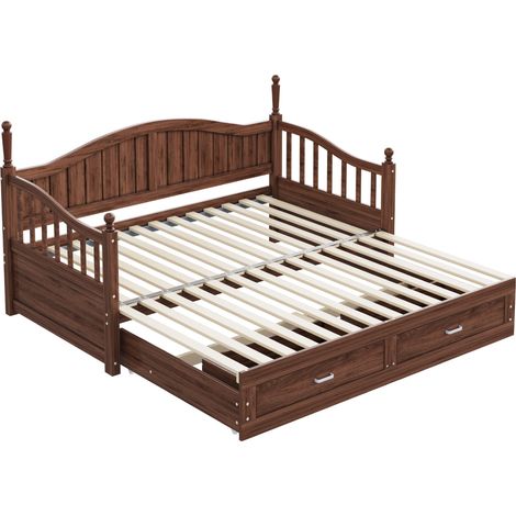 Divano letto estensibile in legno 90/180 x 190 cm con cassetti e rete a doghe, colore noce (1/5)