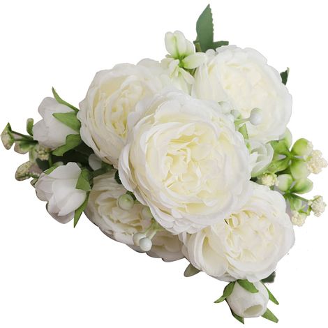 Bündel, 5 Köpfe künstliche persische Rosen, handgebundener Rosenstrauß für Hochzeiten, Wohnzimmerdekoration, Weiß (1/5)
