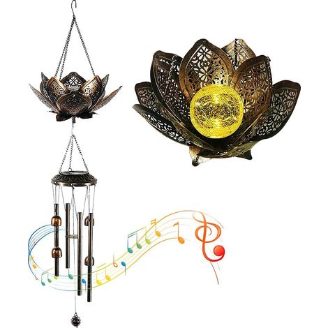 Carillon solaire lumineux en fer forgé, suspension décorative extérieure avec lumière lotus (1/5)