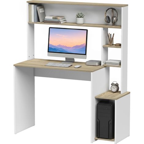 Bureau informatique - HOMCOM - étagères ouvertes et support UC - bois - 114 x 45 x 138 cm - blanc et bois naturel (1/5)