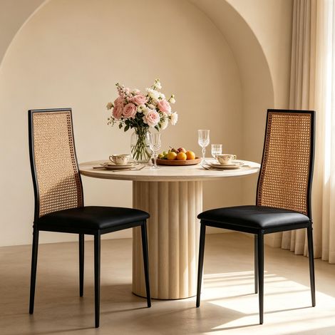 Lot de 2 chaises - Chaise en rotin – dossier haut – Accoudoirs ergonomiques – piètement métal noir – coussin épais - beige (1/5)