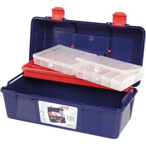 Tayg Werkzeugkiste 10,9 Liter, Werkzeugkoffer mit herausnehmbarer Ablageschale und Organizer im Deckel, Kunststoffverschlüsse und Griff, Blau Rot Transparent 35,6 x 18,4 x 16,3 cm