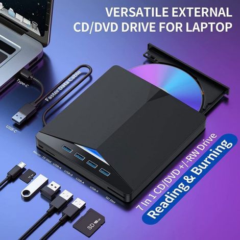 1 Lecteur Graveur DVD CD Externe, Portable USB 3.0, 7 en 1, Compatible Windows 11/10/8/7 (1/3)