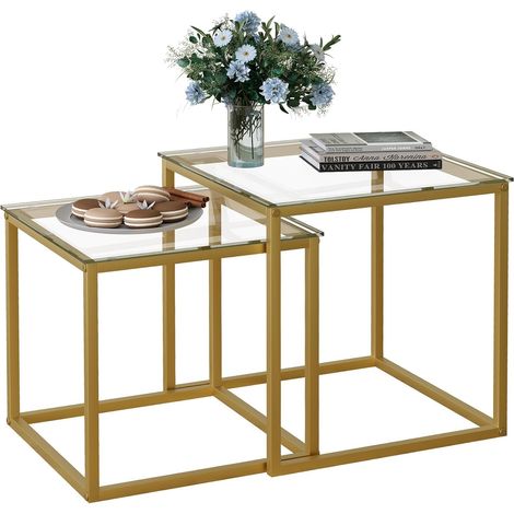Lot de 2 tables carrées modernes en verre, petite table d'appoint, table d'appoint pour salon, chambre à coucher, bureau, 50/45 cm, doré (1/5)