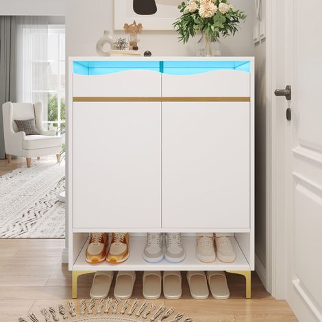 Schuhschrank aus MDF in Weiß 80x35x105 cm mit LED, 2 Schubladen, 2 Türen und verstellbaren Einlegeböden