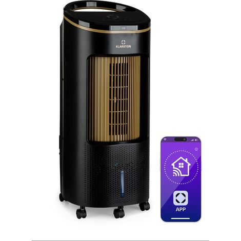 Klarstein Rafraichisseur d'Air Mobile, Refroidisseur d'Air par Evaporation 4-en-1, Mode Nuit Silencieux, Humidificateur, Ventilateur, Application Intelligente, 65W, Débit d'Air 330m³/h, Noir/Doré