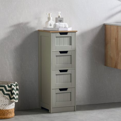 Priano Armoire indépendante 4 Tiroirs Meuble de Rangement Salle de Bain, Gris-Chêne