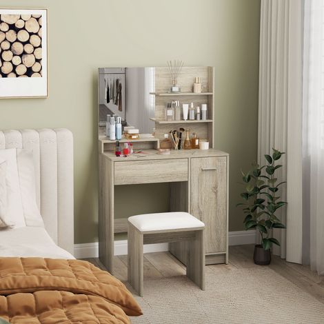 Schminktisch mit Hocker, Spiegel, offenen Regalen, Schublade und verstellbarem Kippschutz, Natur und Beige