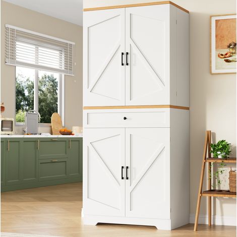 Meuble de cuisine haut avec rangements ouverts et tiroirs, 80 x 40 x 180 cm, blanc et bois, HAVRYA (1/5)