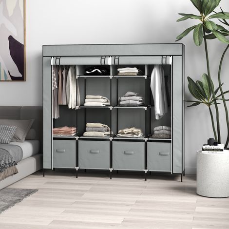 Armario, armario de tela, puertas, 2 barras para colgar ropa, 10 compartimentos, gris