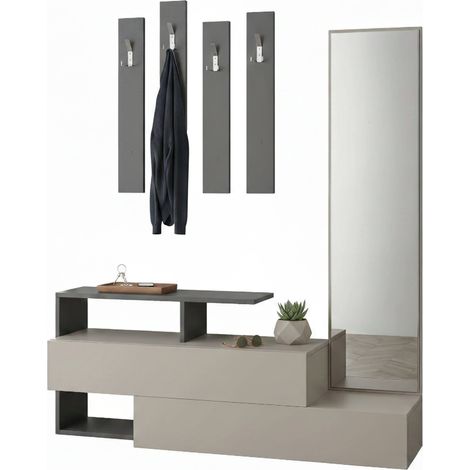 Dmora - Eingangsmöbel Himalia, Moderner Eingang, Wandgarderobe, Multifunktions-Aufbewahrungskonsole, 137x35h55 cm, Taupe und Anthrazit, mit verstärkter Verpackung