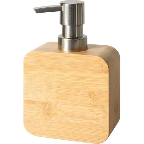 Distributeur de savon en bambou pour salle de bain, facile à remplir, distributeur de liquide vaisselle, bouteilles de shampooing et d'après-shampoing rechargeables avec pompe, distributeur (1/5)