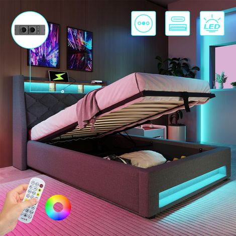 Lit coffre 90x200 cm en lin avec sommier, lit 1 personne avec lumières LED, multiprise (2 prises ca, ports USB+ type c), lit avec rangement, facile à assembler (1/5)