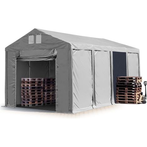 4x8m Tente de stockage TOOLPORT, PVC 850 N gris, H. 3m avec porte actionnée par traction