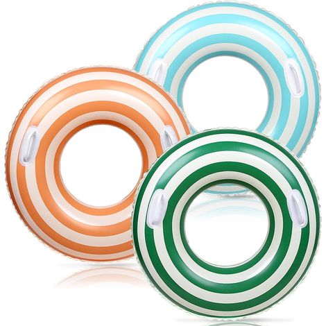 Ensemble de 3 bouées gonflables avec poignées, ornées de rayures rétro orange, vertes et bleues un accessoire flottant conçu pour les activités nautiques récréatives.-AquaForge (1/5)