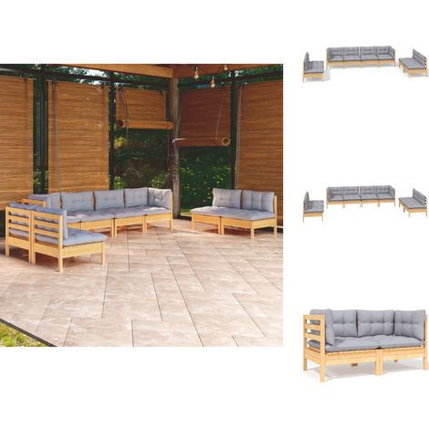 Gartenmöbel-Sets - Living 8-tlg. Garten-Lounge-Set mit Grauen Kissen Kiefer Massivholz (1/5)