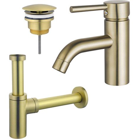 Fortifura Calvi Kit mitigeur lavabo - robinet bas - bonde nonobturable - siphon design - PVD Laiton brossé