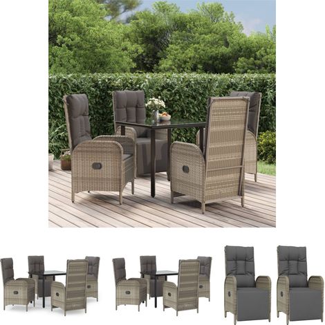 Gartenmöbel - vidaXL 5-tlg. Garten-Essgruppe mit Kissen Schwarz und Grau Poly Rattan - Liegestuhl (1/5)