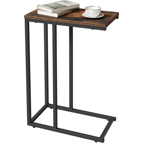 WOLTU Table d'Appoint en Forme de C, Bout de Canapé en Métal et Bois d'Ingénierie, 45x25x63,5cm, Marron Rustique + Noir