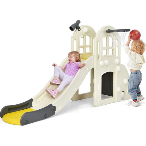 Costway – Toboggan 6 en 1 pour enfant – Glisse 140 cm – Mur d'escalade et panier de basket – Utilisation intérieure et extérieure – 3-8 ans – Jaune