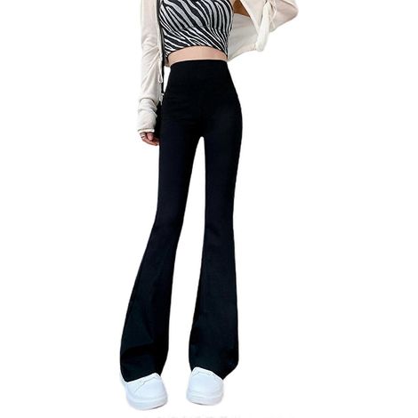 Hochgeschnittene, ausgestellte Leggings, ideal für Sport und Fitnessstudio. Lässige, weit geschnittene Schlaghose mit figurformendem Effekt, schwarz, Größe L. (1/5)
