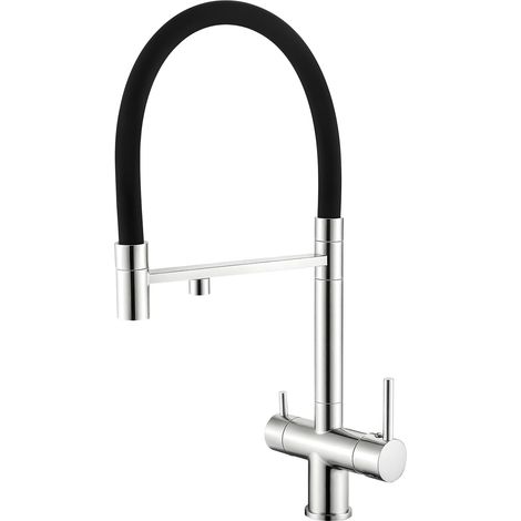 Mitigeur 3-en-1 en laiton, eau potable, orientable 360°, deux poignées, raccords chaud/froid/filtré, haute pression, douchette extractible(3 voies 1), chrome (1/5)