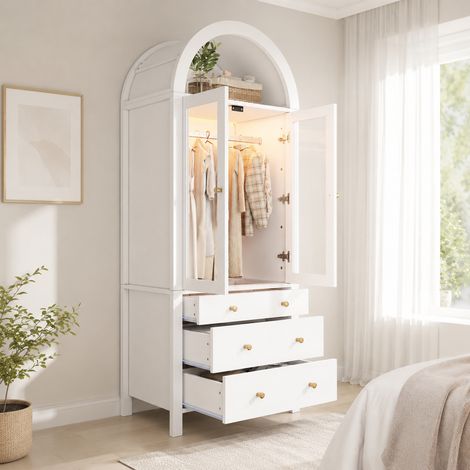 Armoire penderie 80x50x200 cm à sommet arrondi, LED, 2 portes vitrées, 1 tringle, 3 tiroirs et rangement à bijoux sous verre trempé - Blanc (1/5)