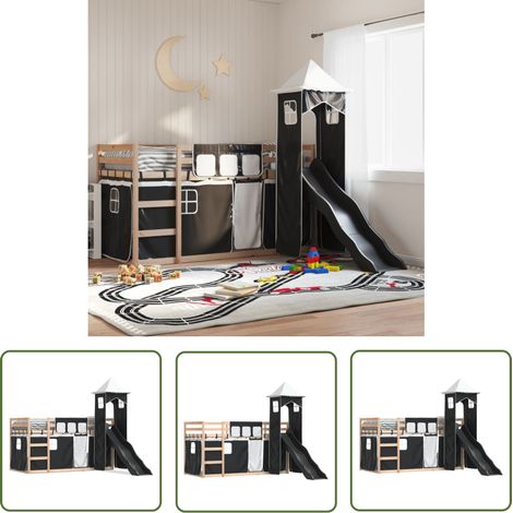 The Living Store Etagenbett mit Rutsche und Gardinen Weiß und Schwarz 80x200 cm - Kinderhochbett - Holzbett - Etagenbett - Jugendzimmermöbel - Hochbettsystem (1/5)