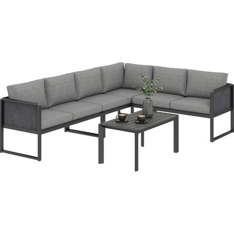 Set divano angolare da giardino in metallo grigio scuro, 3 poltrone, tavolo effetto legno