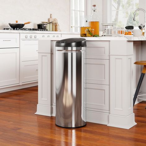 Cestino per rifiuti da 50 litri con sensore di apertura e chiusura ammortizzata, in acciaio inox, senza contatto, ideale per cucine e uffici igienici, colore argento.