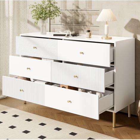 Kommode 120x40x78 cm Weiß MDF mit 6 Schubladen, Zinklegierung-Griffen und Stahlbeinen (1/5)