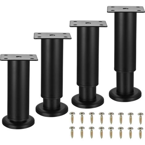 Lot de 4 pieds de meuble réglables en métal, noirs, 12-18 cm, pour armoires, tables, canapés, lits, coiffeuses et pieds de meubles. (1/5)