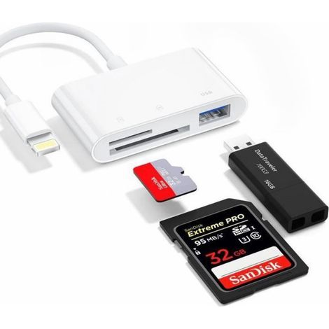 Lecteur de Carte SD - Rocketek - 3 en 1 - USB OTG - Adaptateur pour iPhone/iPad - Connecte divers périphériques (1/4)
