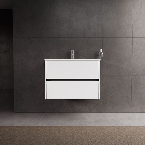 Inda - Badezimmerschrank 2 Schubladen L.80 mit glänzendem Waschbecken / Mattweiß - diamante