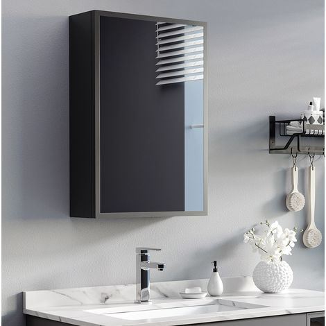 Meuble sous vasque mural moderne avec miroir, acier noir, 40x15x60 cm, porte miroir et 3 niveaux (1/5)