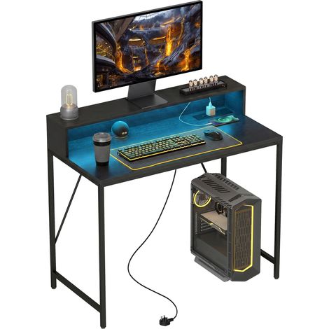 HOMCOM Gaming Desk with LED Lights and Power Outlets, Black Wood-Effect (1/5)