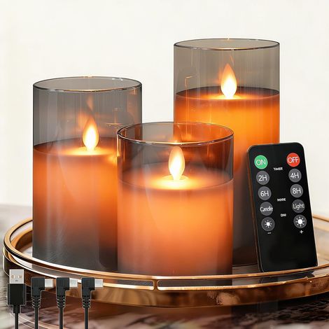 Bougies LED Rechargeables - Lot de 3 - Verre Gris et ABS - Flamme Vacillante Réaliste avec Télécommande - Décoration Intérieure et Fêtes - 3 Tailles Assorties (1/5)