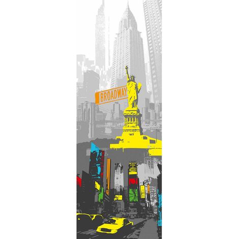 Papier peint panoramique New York jaune & grise | Tapisserie panoramique moderne statue de la liberté | Papier peint panoramique urbain pour couloir - 280 x 100 cm (1 pièce) (1/2)