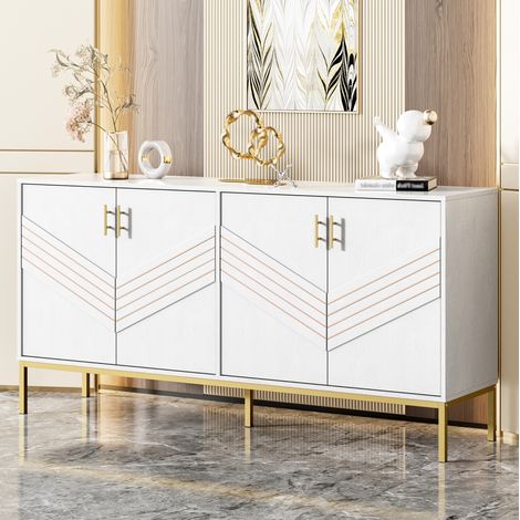 Sideboard 160x40x80,5 cm Weiß und Holzoptik aus MDF mit goldenen Griffen, 4 Türen und höhenverstellbaren Einlegeböden (1/5)