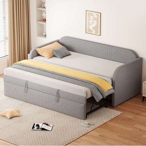 Divano letto estraibile 90/180 x 190 cm con rete a doghe, tessuto in lino, grigio chiaro OKMYHOME (1/5)