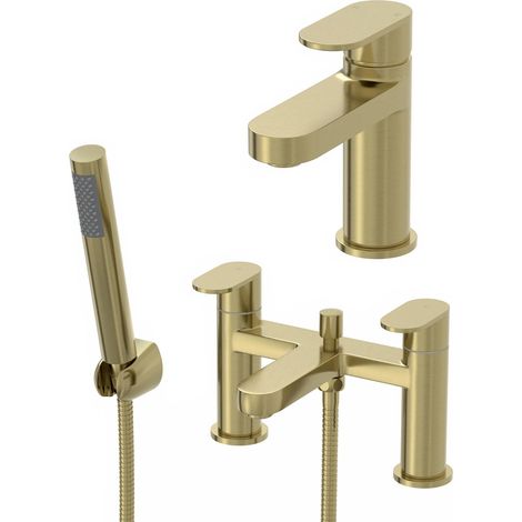 Lund Bathroom Bath Shower Mixer Basin Tap Set Deck Mounted Modern Brushed Brass (1/5)